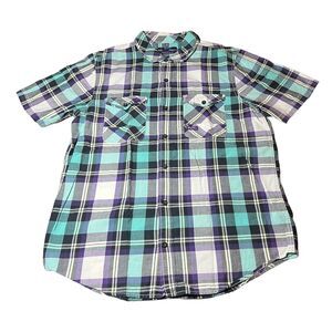 LRG Wovens Causal Plaid Blue Button Down Short Sleeve Shirt Mens Size Medium